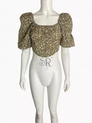 Wholesale Floral Print Puff Sleeve Ruched Bust Cropped Blouse