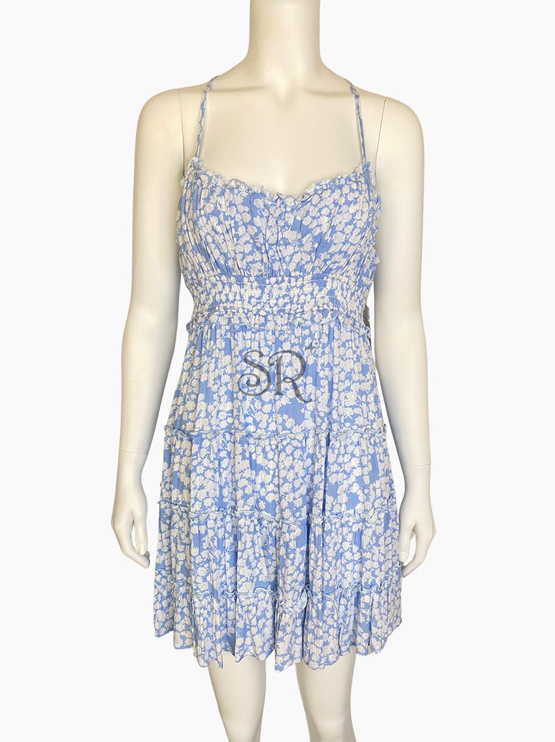 Boho Frill Detail Cami Mini Dress In Blue Floral Print