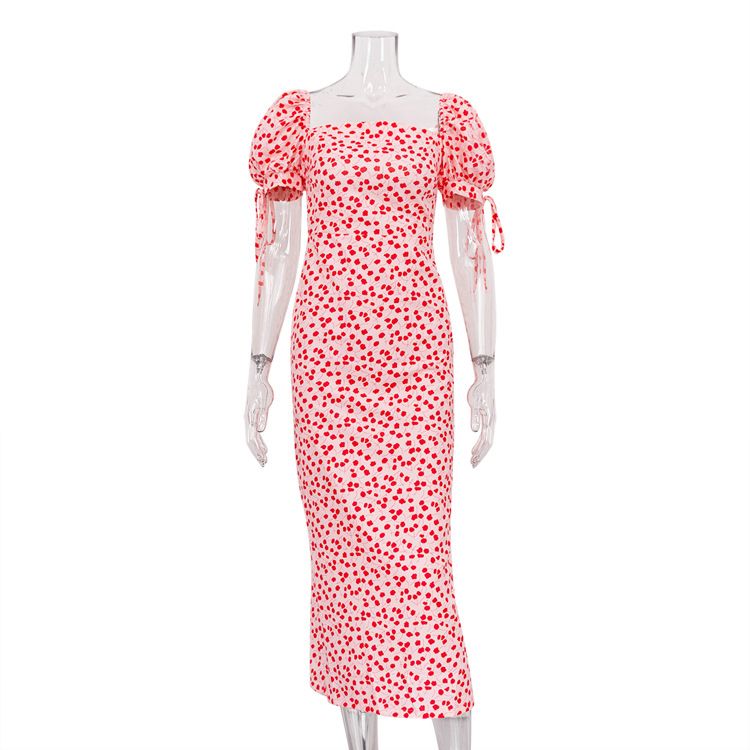 Summer vacation style floral puffed sleeve one-line collar slim-fit fashion dress