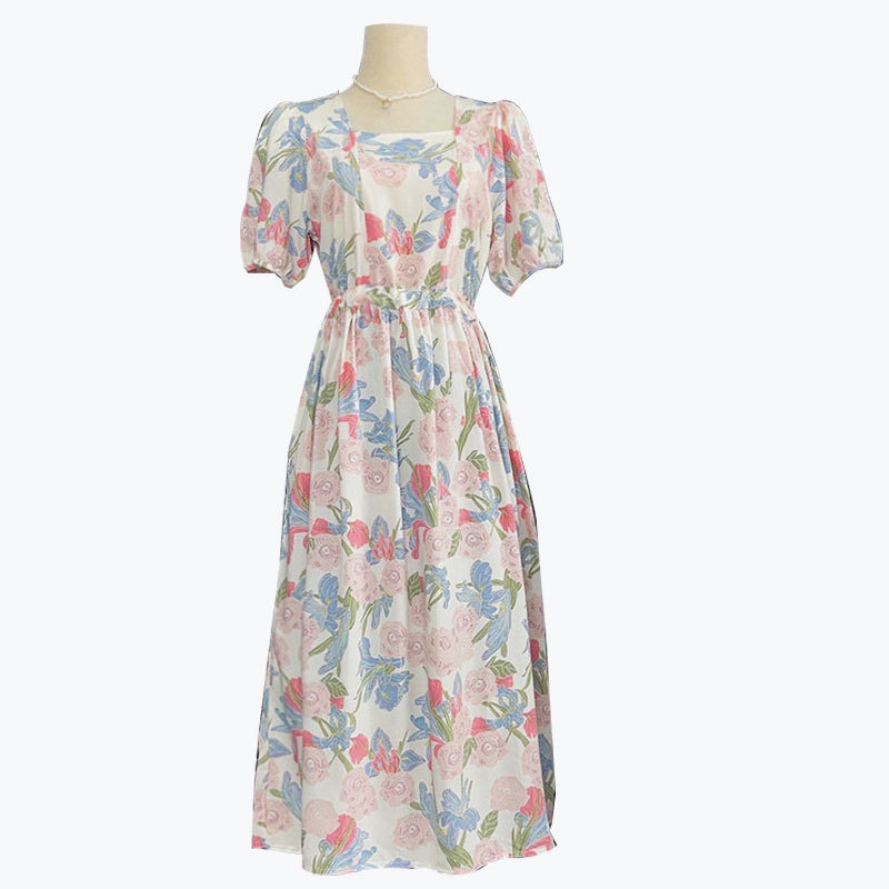 Spring and summer puff sleeve mid-length plus size dress